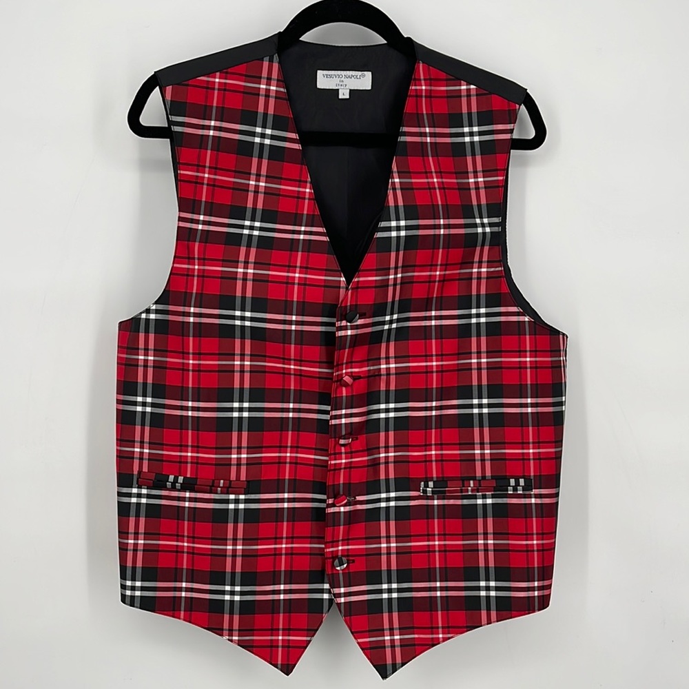 Vesuvio Napoli in Italy Vest Red Black White‎ Plaid Poly Button Down large EUC